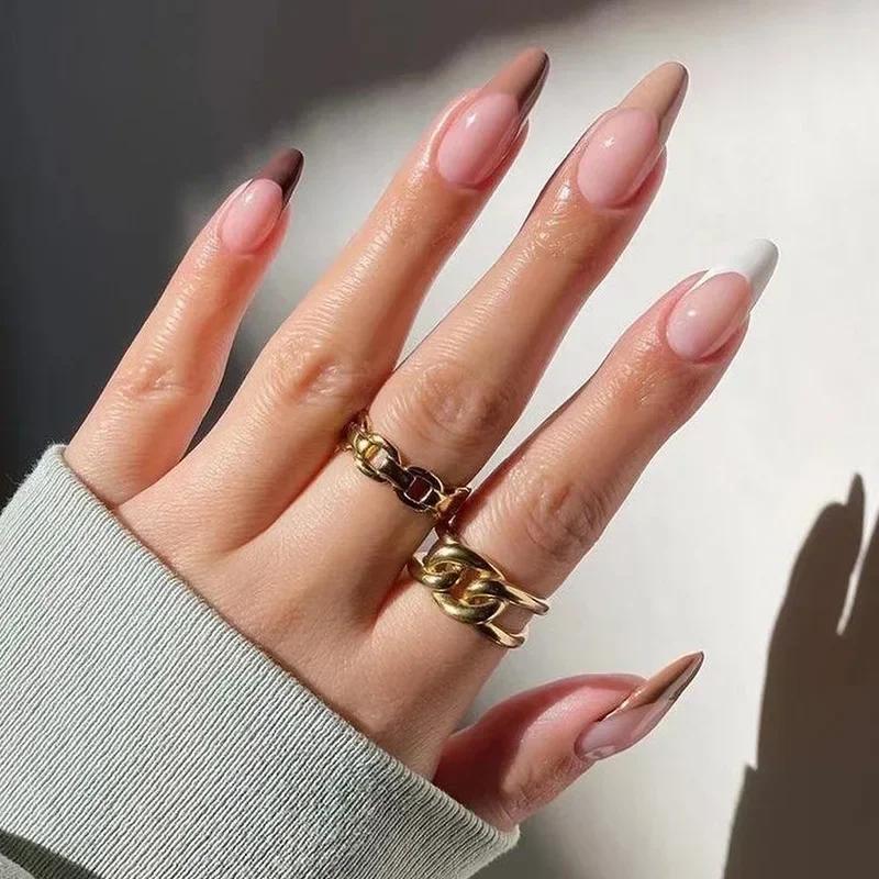 24Pcs French Green Short Almond Fake Nails With Wave Line Design Round Head Press On Nail Tips