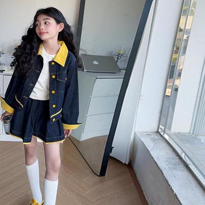 Girls' Korean Style Denim Set - Stylish Spring/Autumn Midi Skirt for Older Kids