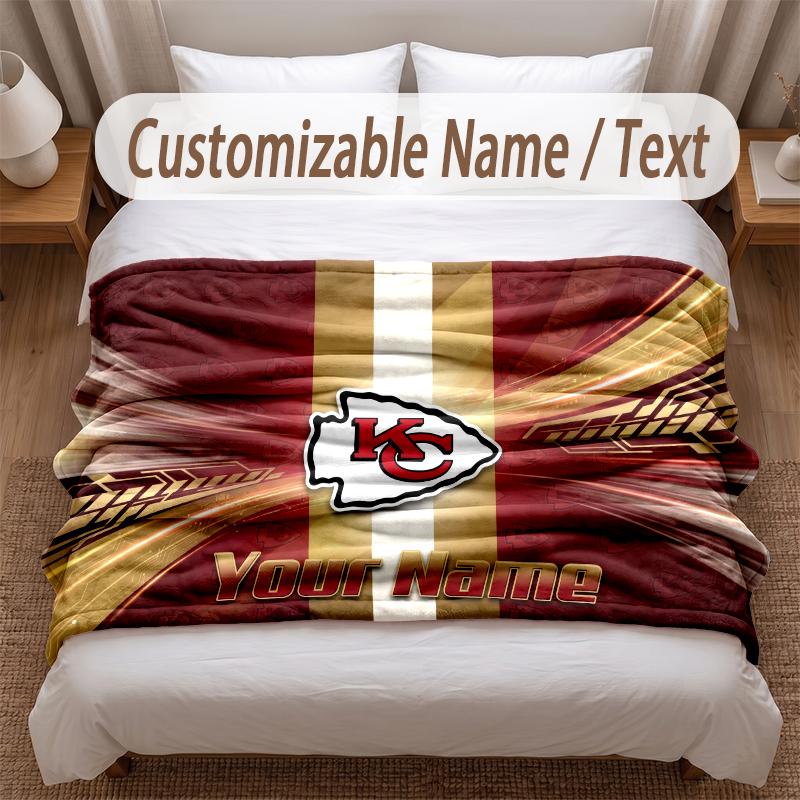 Kansas City Chiefs Printed Flannel Blanket Custom Name Text Soft Warm Throw For Bedroom Holiday Gift