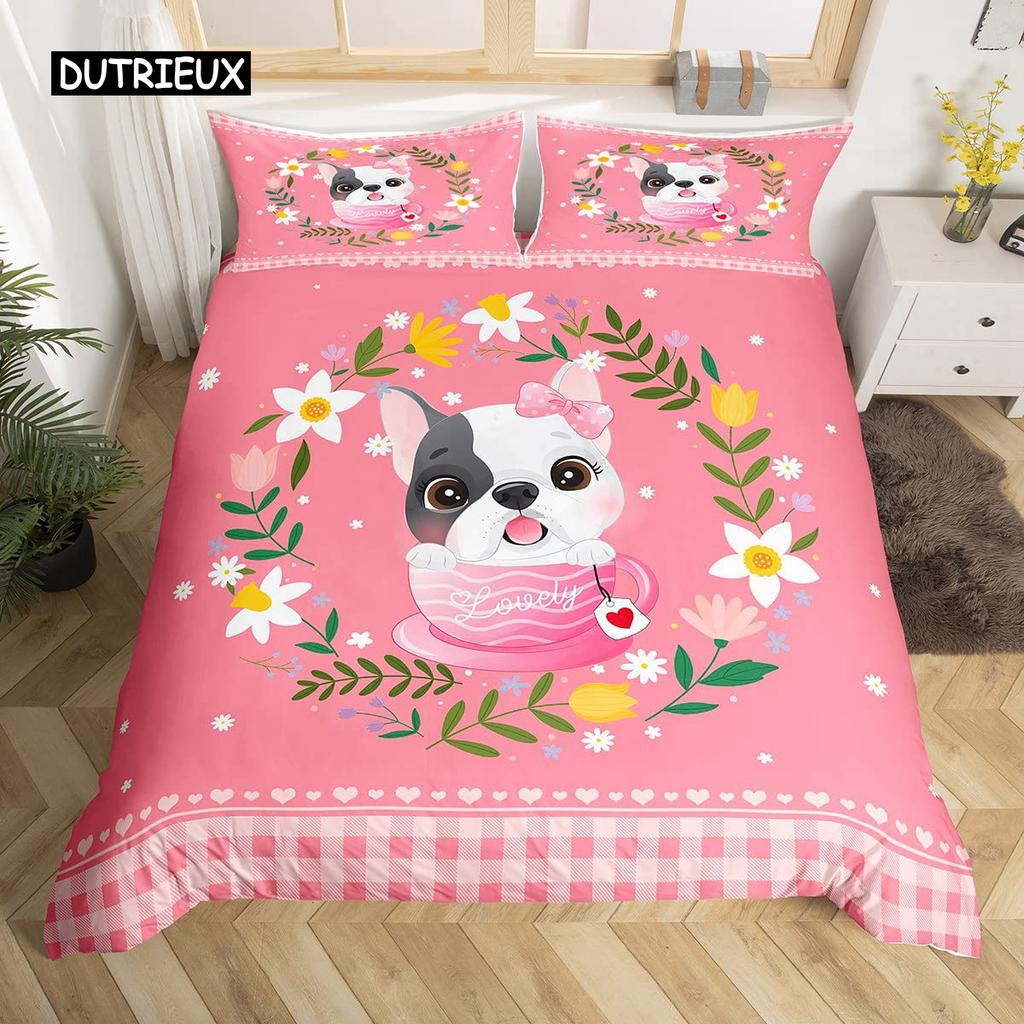 Cartoon Tier Hund Bettbezug King Size Rosa Büffel Bettdeckenbezug Floral Welpe Prinzessin Bettwäscheset Hundeliebhaber Schlafzimmerdeko