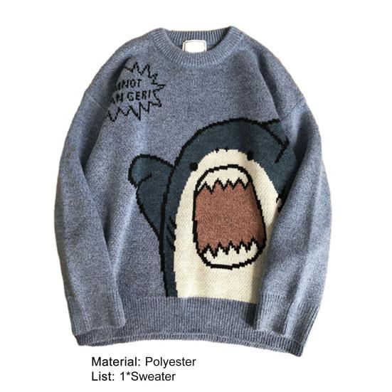 Herrenpullover mit Cartoon-Haifisch-Aufdruck, Rundhalsausschnitt, All-Match-Studentenpullover für den täglichen Gebrauch