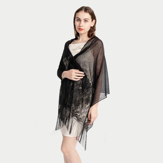 Women Summer Shawl See-through Mesh Thin Tassel Solid Color Soft Decorative Lace Malaysia Women Head Wrap Clothes Accessory