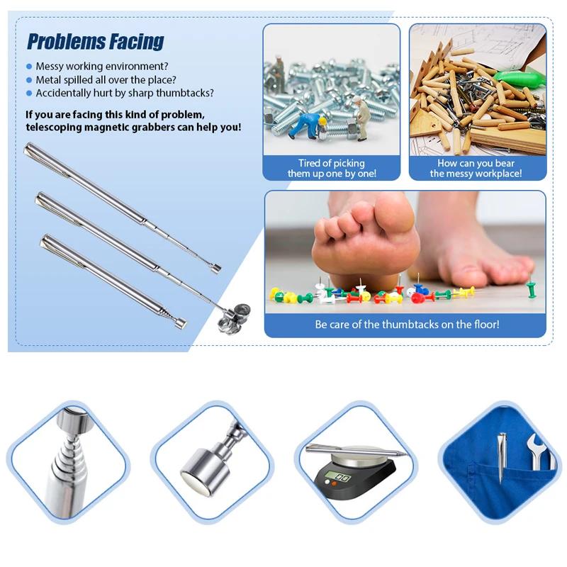 Silver Portable Telescopic Magnetic Pen Handheld Mini Magnet Pick Up Tool Adjustable Pickup Rod Stick Picking Up Screws