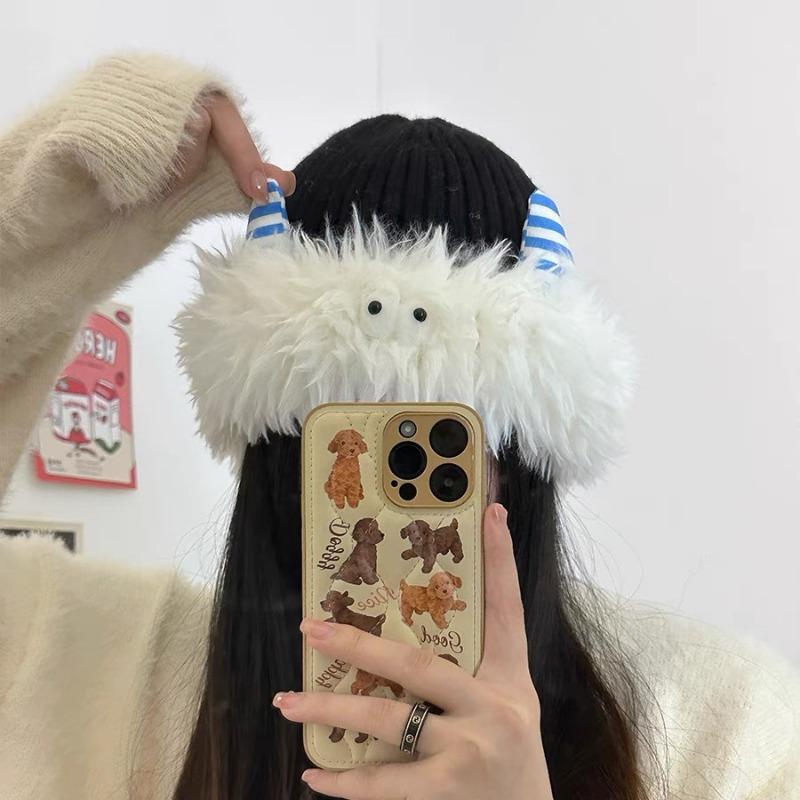 Cute and funny plush knitted hat children keep warm in winter new little monster horn ear protector hat shows small face