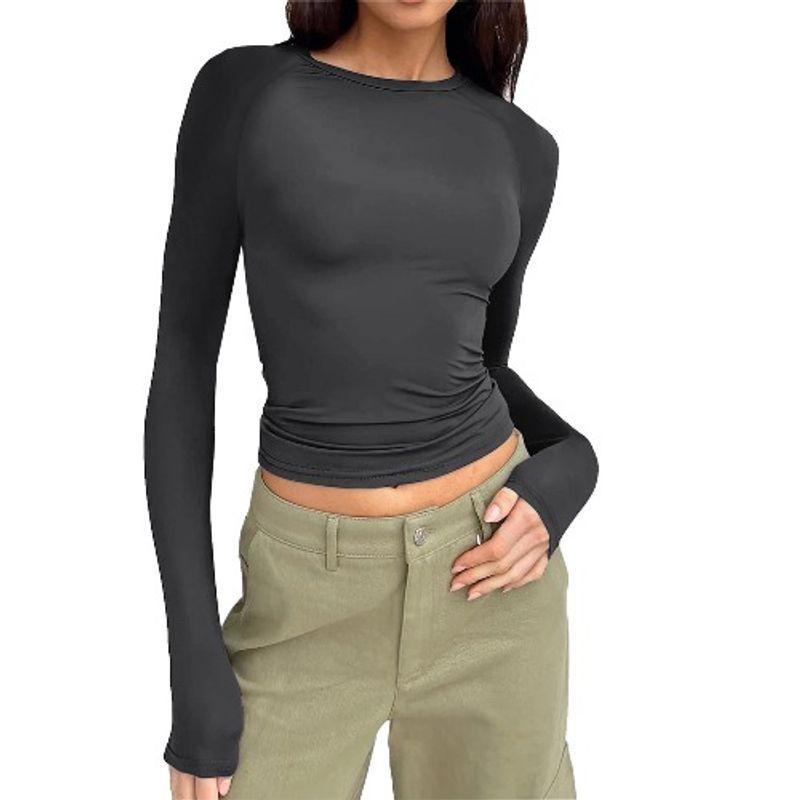 Spring & Fall New Arrival Cross-Border Fashion Round Neck Tight Casual and Comfortable Raglan Long Sleeves T-shirt Pure Color Silm Pullover Base