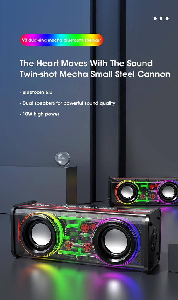 V8 Transparent Mecha Bluetooth 5.0 Wireless Music Speakers for Mini Party with Bass Diaphragm TWS RGB Light Loudspeaker