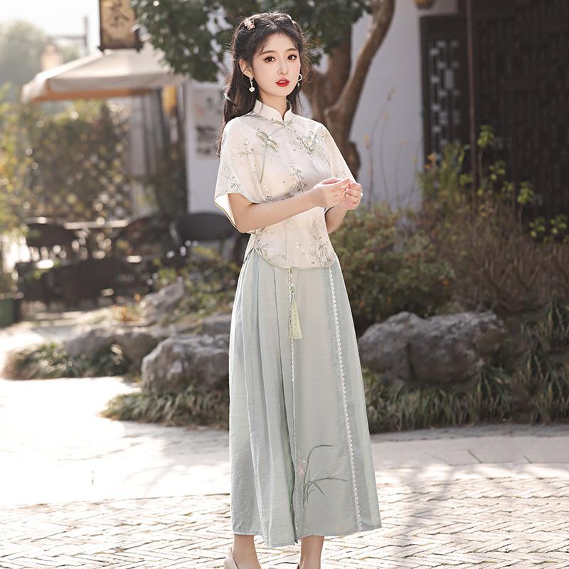 Chinese Style New Chinese Style Daily Improvement Cheongsam Top Two-piece Suit Skirt Young Girl Retro Short Sleeve Spring and Summer