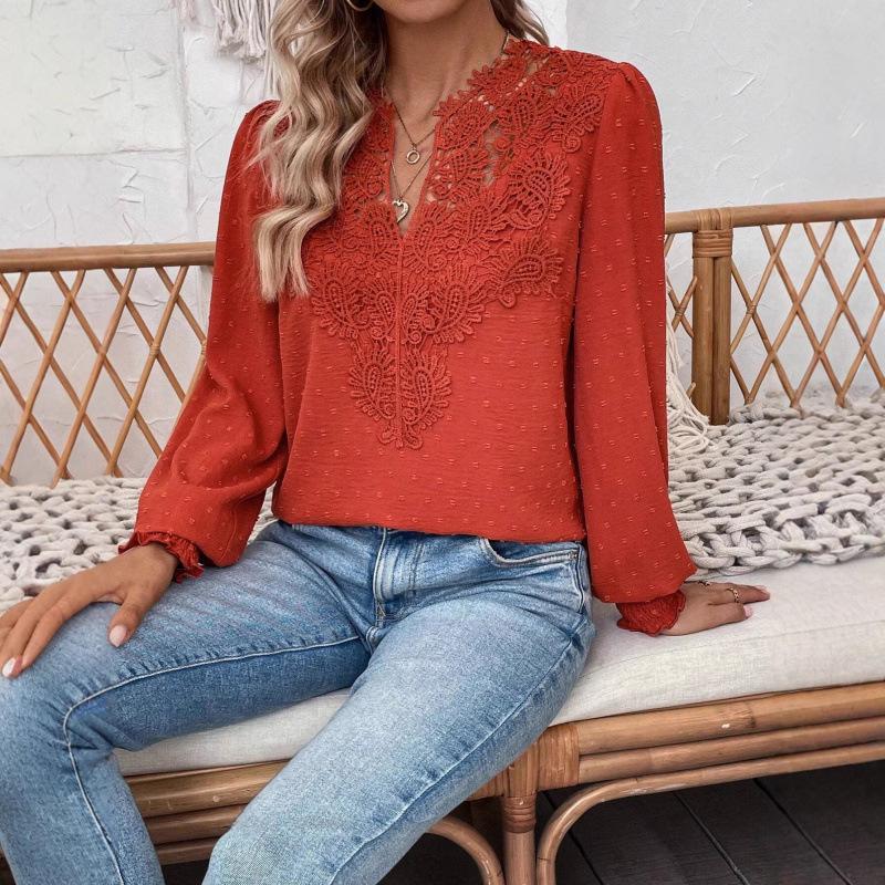 2026 Europe Autumn/Winter V-neck Lace Solid Color Long Sleeve Casual Women's Top