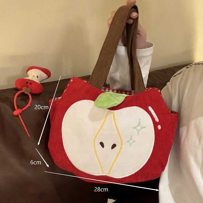 Red Apple Handbag Creative Cute Corduroy Shoulder Bag Stylish Outing Canvas Bag With Apple Pendant Casual Versatile Shoulder Bag