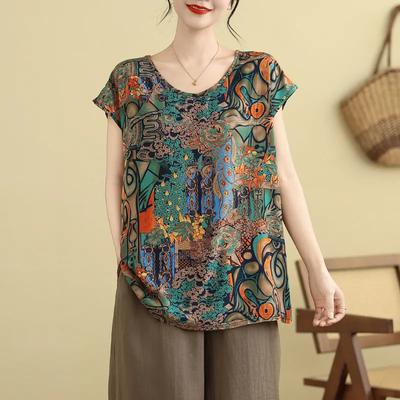 Camiseta de manga corta holgada para mujer, color liso, estampado abstracto, top casual para el día a día
