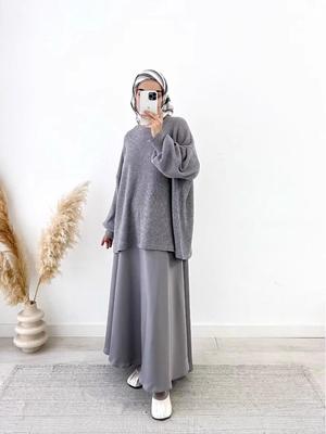 2024 Middle East Muslim Women's Grey Knit Pullover & Swing Skirt Set