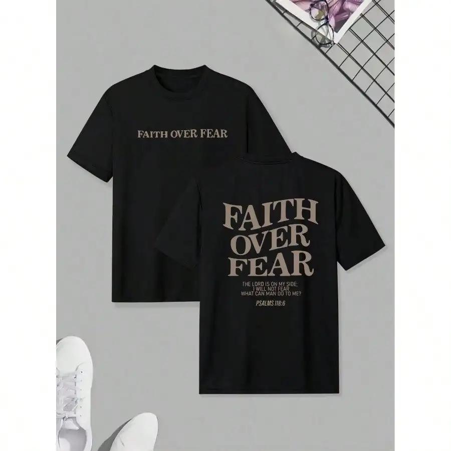 

Mens Casual Short Sleeve Tee Faith Over Fear TShirt With Geometric Pattern 4XL