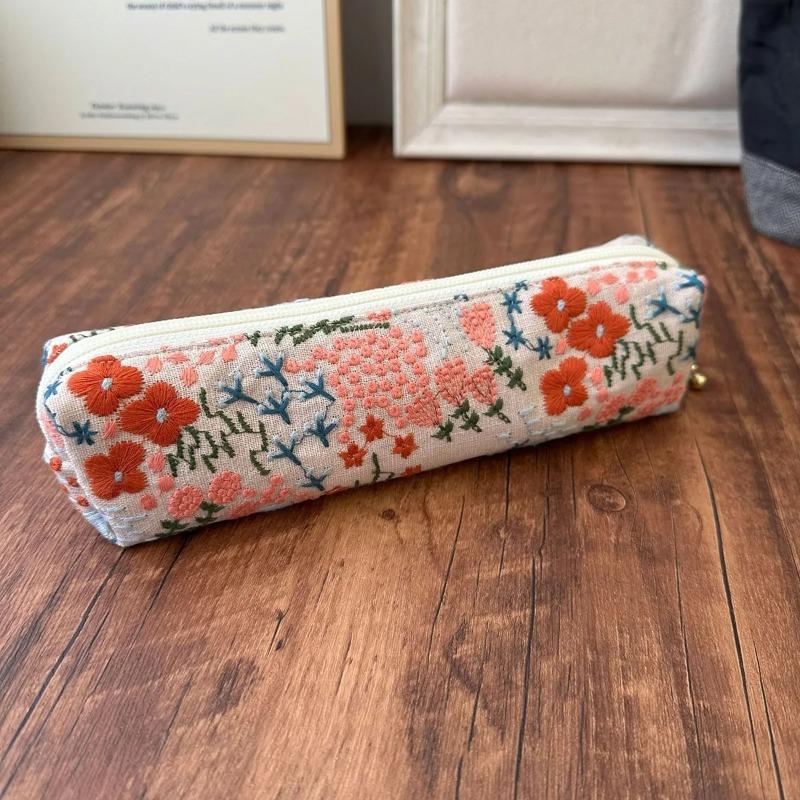 1Pcs Embroidered Exquisite Pencil Box with Retro Multi Color Pattern Details Stationery Storage Student Supplies