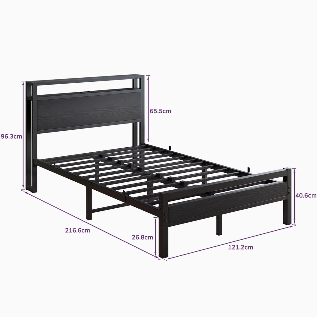 Bed 120x200 with Storage, Metal Bed Frame with USB Charging Function & LED Lighting, Modern Storage Bed with Headboard Shelf, Youth Bed/Guest Bed