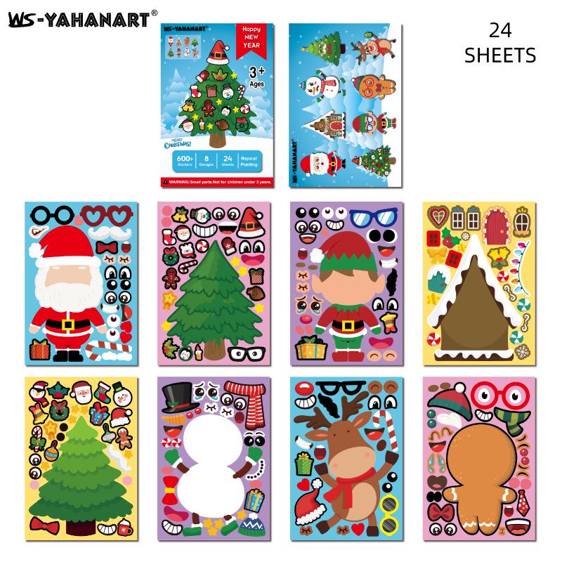 Cross-Border Christmas DIY Cartoon Emoji Stickers for Kids - Snowman & Tree Party Decorations Set of 25 sheets (includes 1 cover sheet)