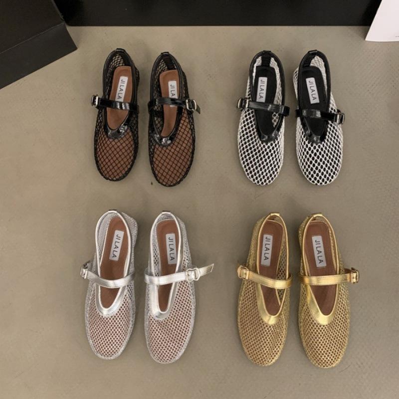 Fishnet Shoes Ballet Shoes Women's 2025 New Mesh One-word Buckle Outer Wear Flat Bottom Hollow Retro Mary Jane Single Shoes