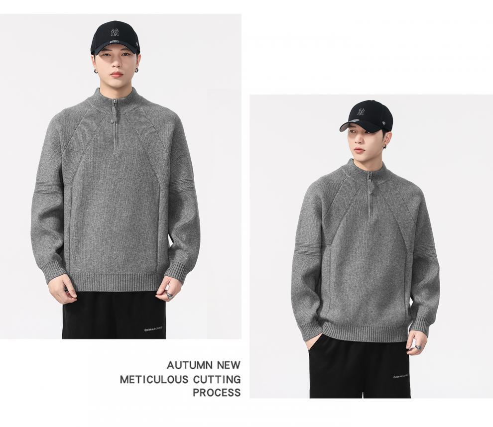 2025 Men's Autumn/Winter Half-High Collar Zipper Sweater - Loose Fit, Solid Color Pullover Knitwear