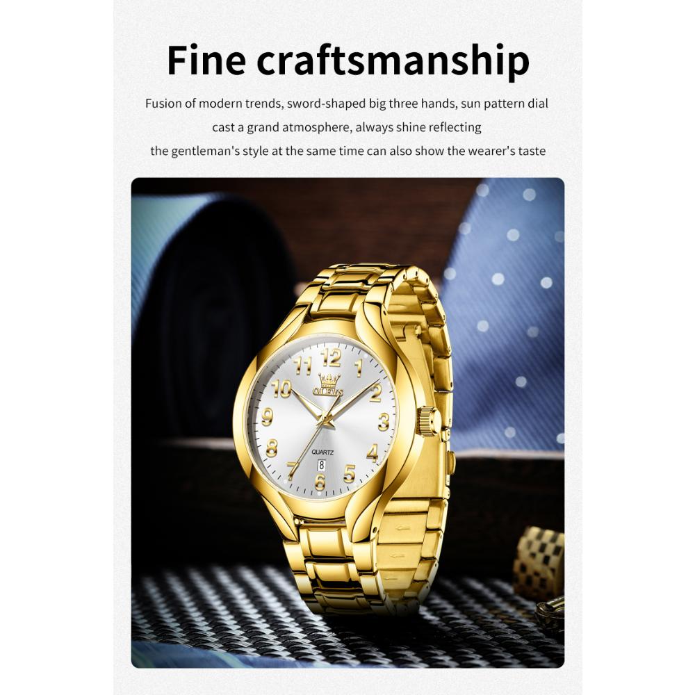 OLEVS Original Brand Luxury Quartz Watch for Men Gold Stainless Steel Strap Waterproof Luminous Auto Date Fashion Wristwatch Men