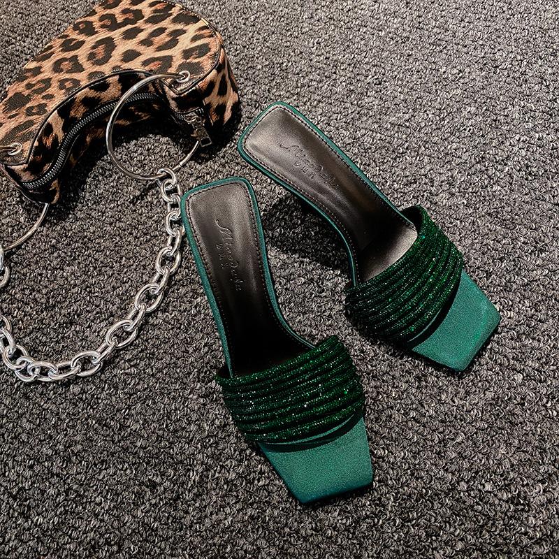 

2025 summer new Internet celebrity rhinestone high heels women s thin heel sandals sexy word with square head open toe sandals women 34
