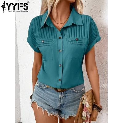 Damenmode, lässig, Sommer, Frühling, einfarbig, kurzärmelig, Polo-Ausschnitt, Blusen und Hemden