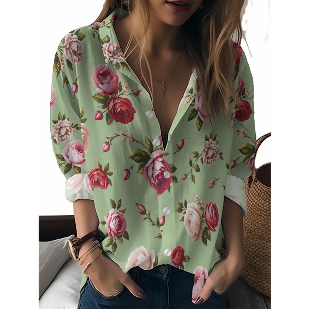 Summer Minimalist Shirt with Floral Digital Print Button Up Shirt Top for Women's Hawaiian Beach Vacation Casual Shirt