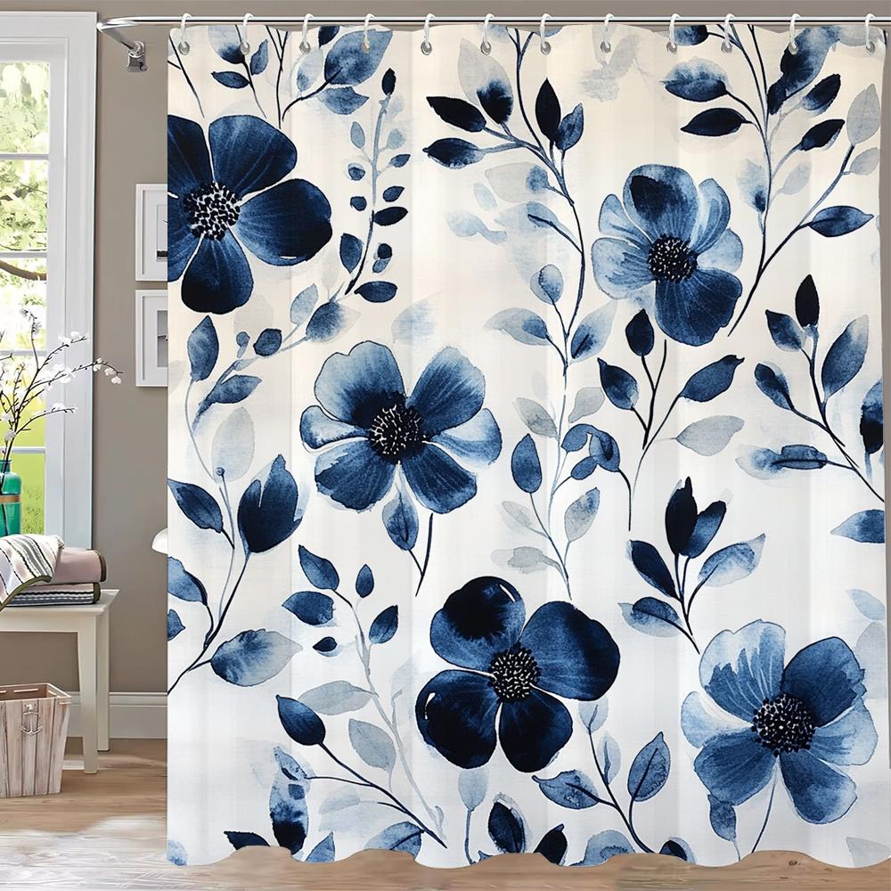 Beautiful Blue Flowers Shower Curtain, Bathroom Decorative Curtain, Printed Floral Polyester Home Curtain With Hooks