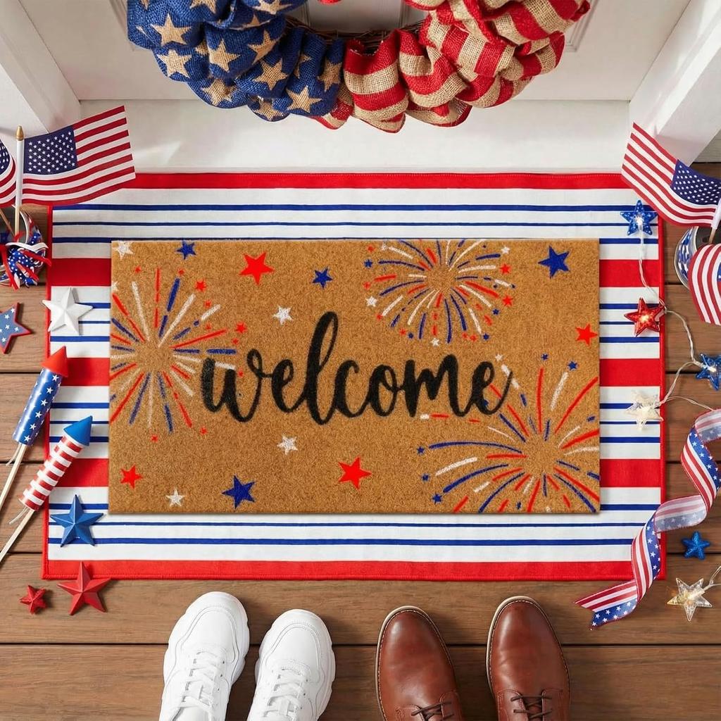Door Mat Outdoor USA Red White Blue Welcome Rug Patriotic Mat Non-Slip Independence Day Freedom Memorial Day Indoor Entrance Outside Porch Front Decor