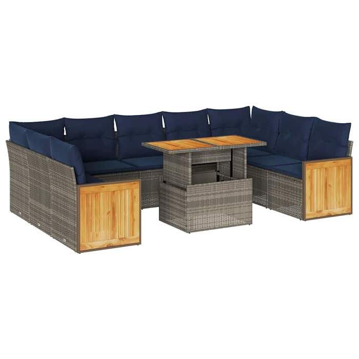 VidaXL Salon de jardin avec coussins 10 pcs gris résine tressée acacia, ensemble de canapés d'extérieur, salon de jardin, 3327757