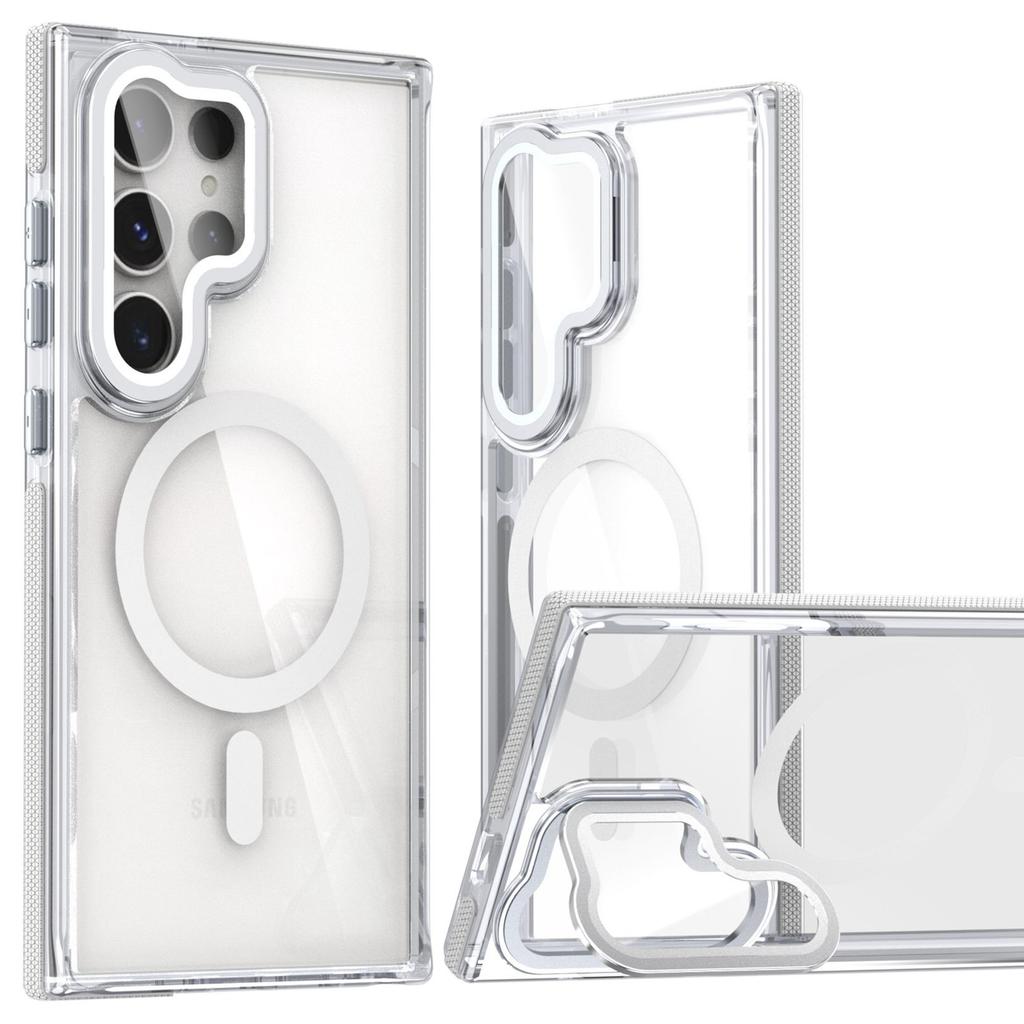 For Samsung Galaxy S24 Ultra Magnetic Case TPU Acrylic Clear Phone Back Cover with Lens Protector Kickstand