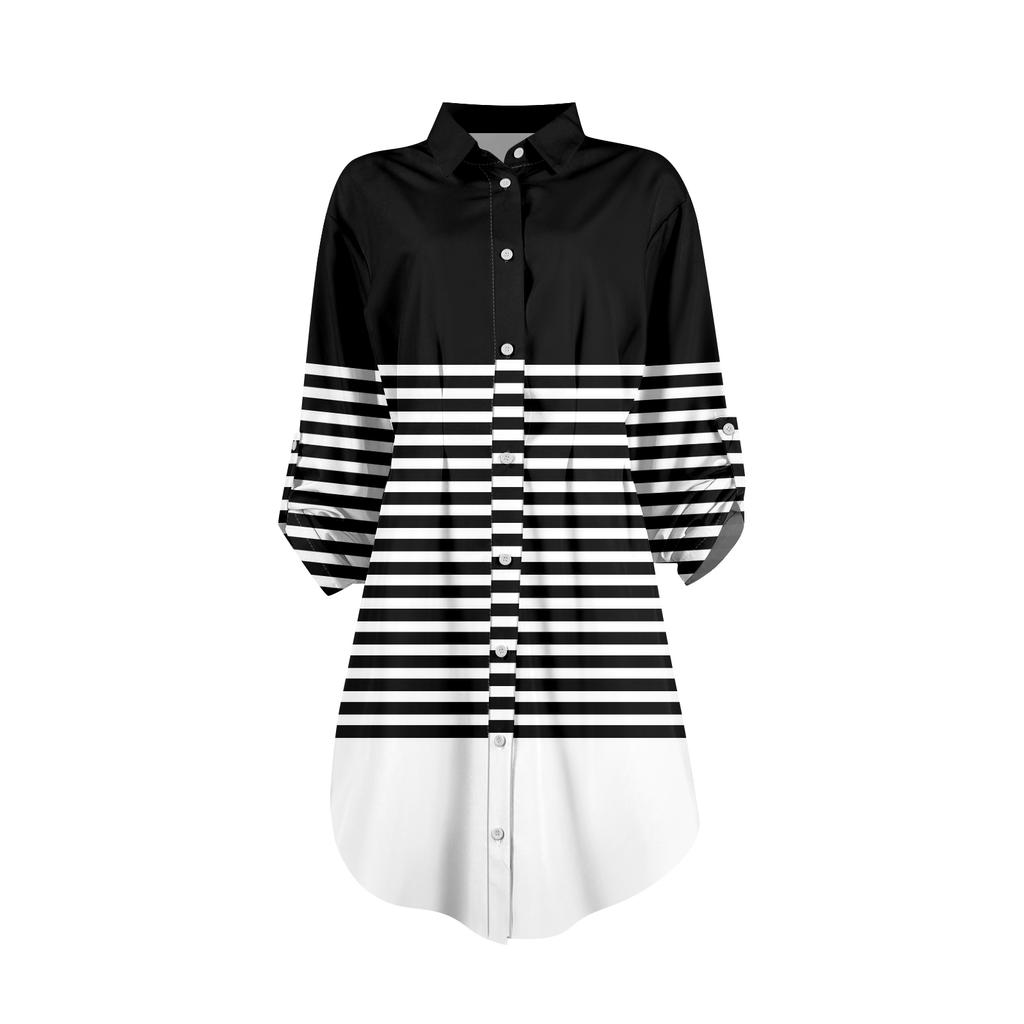 Damen Locker sitzendes V-Ausschnitt Langarmkleid Druck Arbeitshemdkleid