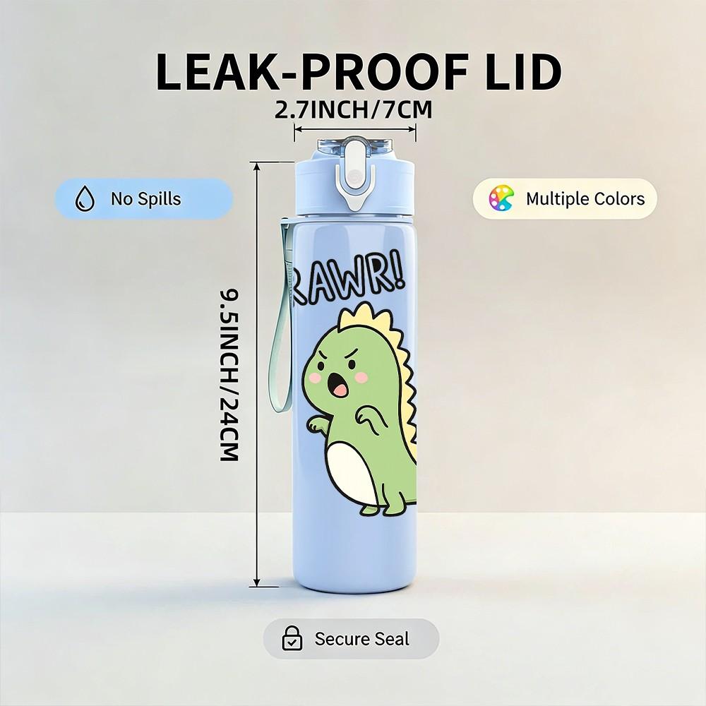 1PC Little Green Dinosaur Baby Cartoon Print 750ml Color Plastic Sports Water Bottle Leakproof Flip Straw Lid Suitable for Sports Office Home Use