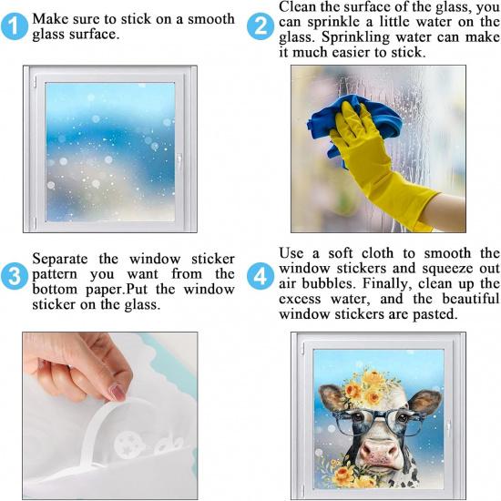 Floral Cow Window Clings Cute Cow Window Stickers Double-Side Glass Decals for Party Home School Office Decor, 11.5 X 8.3 Inch, 6 Sheet