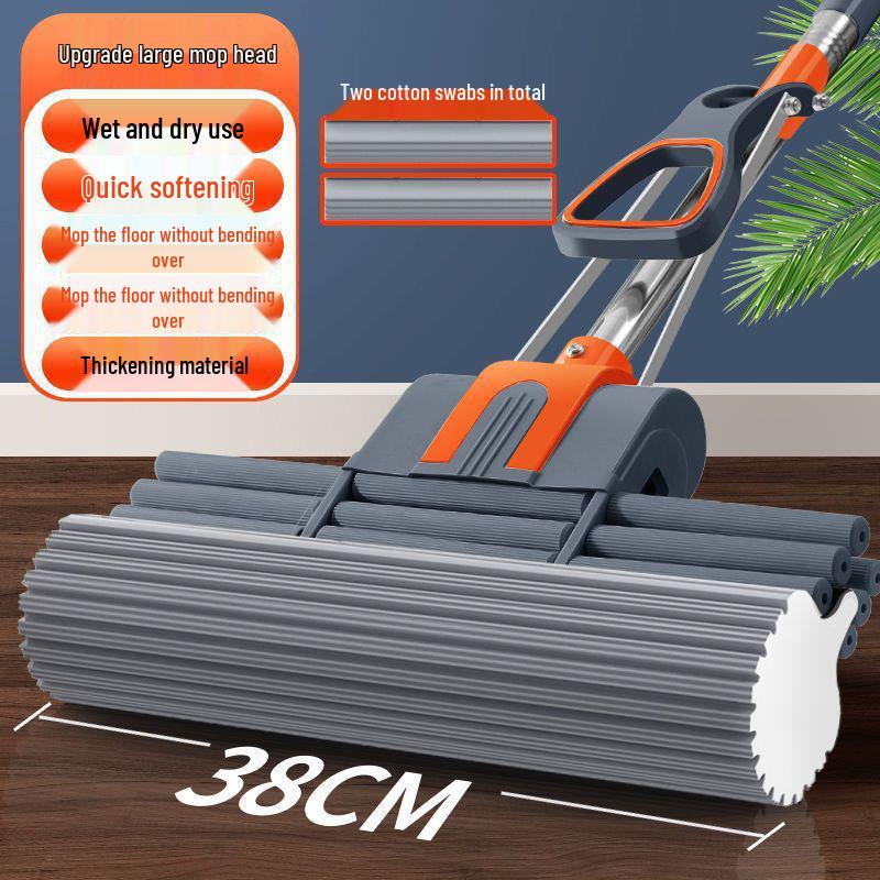 Sponge Mop with Cotton Squeeze Roller - High Absorption, Hands-Free, Large & Durable for Household Floors