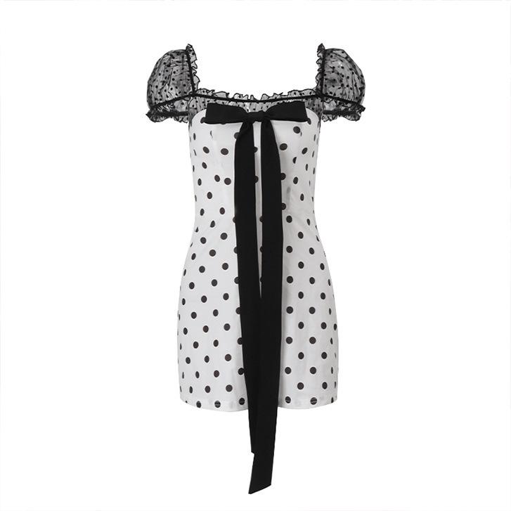 

ins European and American style autumn new sexy square neck bow mesh slim and thin fashion dress women S белый