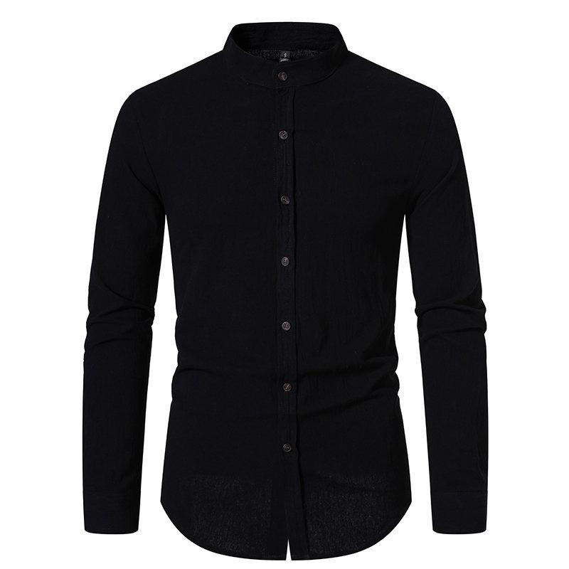 Bavlněná lněná košileNová pánská vintage bavlněná lněná krepová košile s límečkem Henley