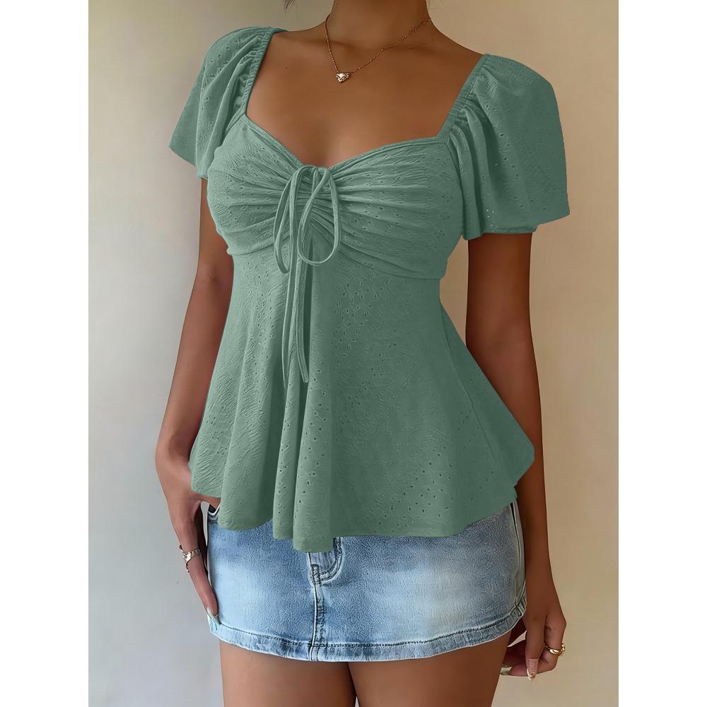T-shirt da Donna Estiva a Maniche Corte, Scollo a V con Coulisse e Effetto Arricciato, Top Blusa Sexy Casual alla Moda per Tutti i Giorni