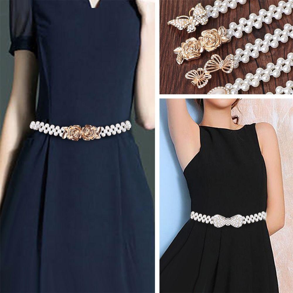 Ladies' Elastic Rhinestone Waist Chain Thin Drawstring Belt Fashion Pearl Waist Belt  For Women