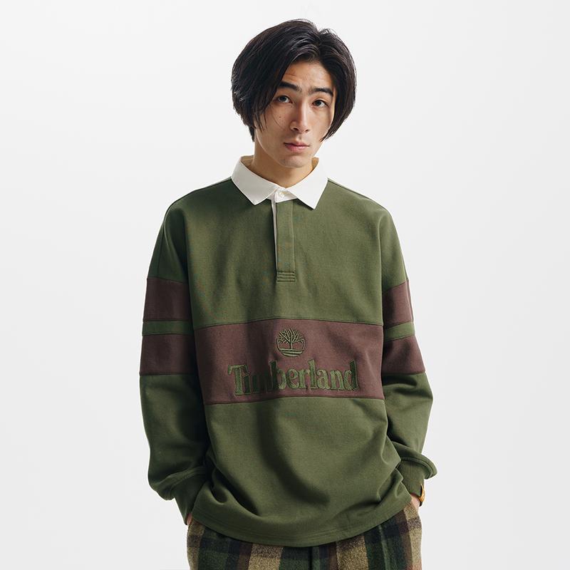Timberland Outdoor Remix Special Edition Letter Logo Color Block Long Sleeve Polo Shirt Unisex Tops Green A5UTF-U31