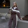 Womens Fleece Color-Block Zip-Up Hoodie Elastic Waist Pants Set Casual Streetwear Outfit