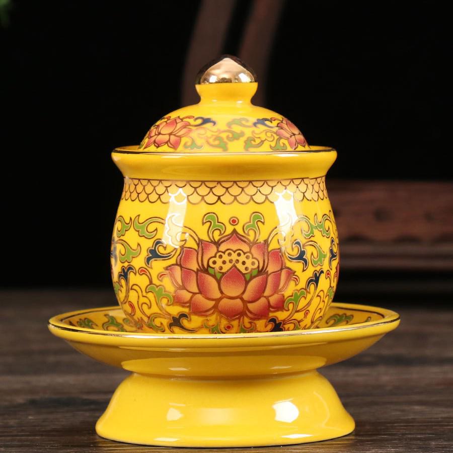 Coppa per Acqua per Altare Buddista in Ceramica di Loto con Mantra della Grande Compassione - Tazza per Offerte a Guanyin
