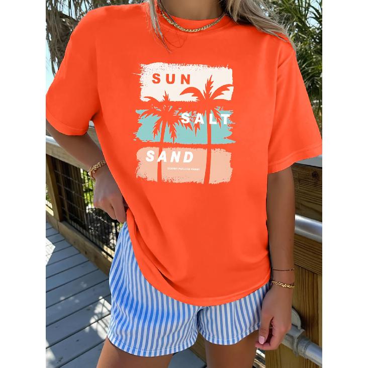 Elegant short-sleeved shirt for women Hawaiian vacation-themed printed round-neck women's shirt T The shirt is suitable for spring and summer