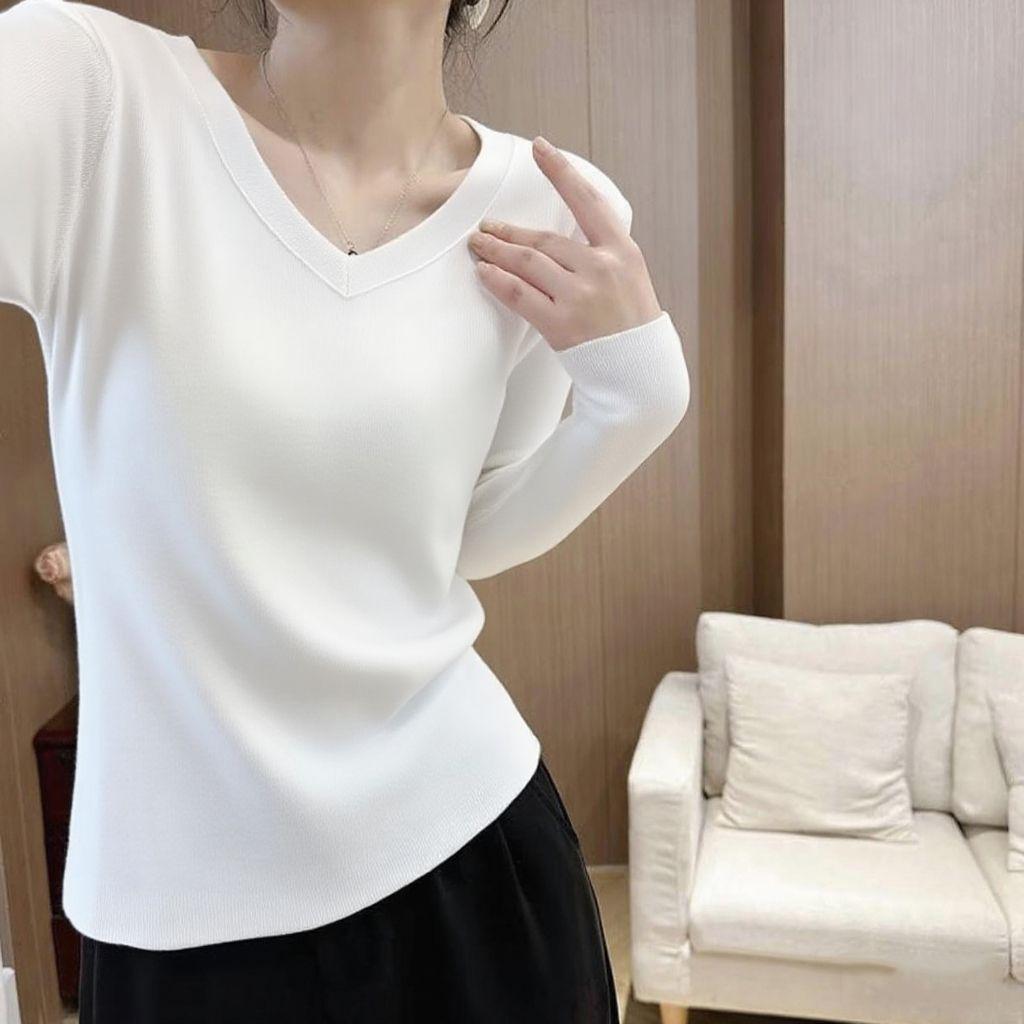 V-neck Right Shoulder T-shirt Slimming Hot Girl Long-sleeved Top Women Spring Autumn Bottoming Women