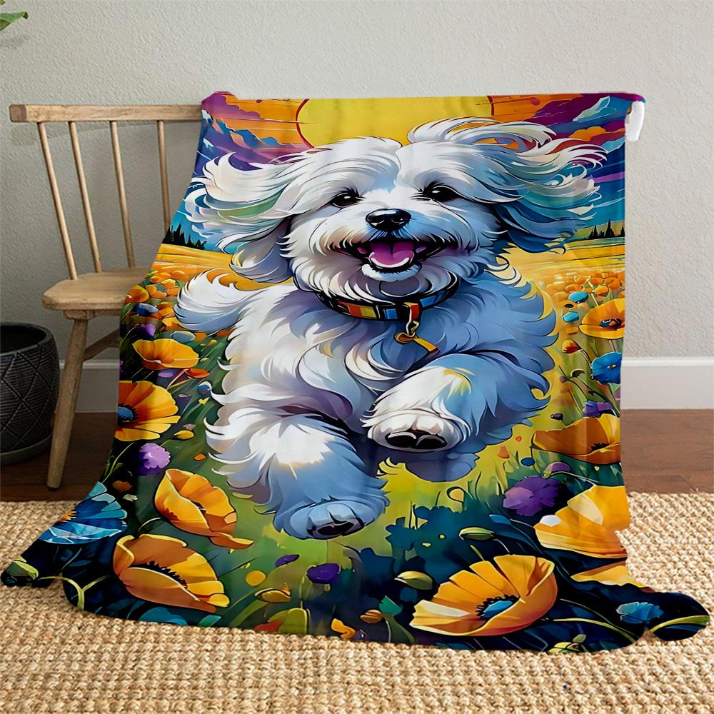 1pc Dog Flower Outdoor Flannel Blanket Soft Warm All-Season Throw for Sofa Bed Car Camping Office, Cozy Gift Idea1130S