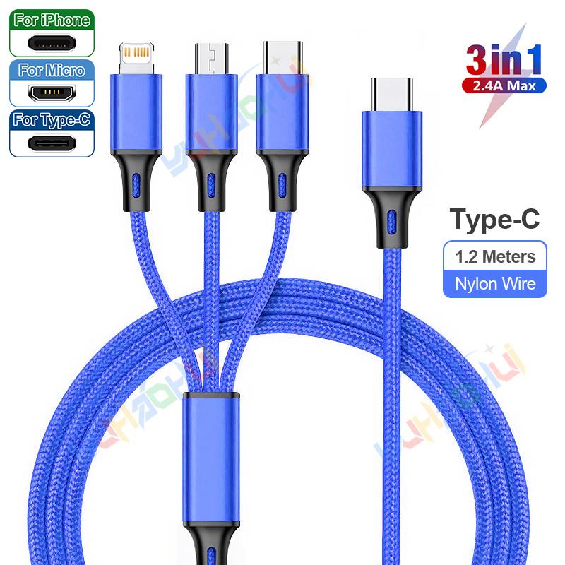 2.4A Max 3 w 1 kabel USB szybkie ładowanie kabel błyskawicy do iPhone'a typu C kabel do ładowania telefonu komórkowego do Xiaomi Samsung USB Micro