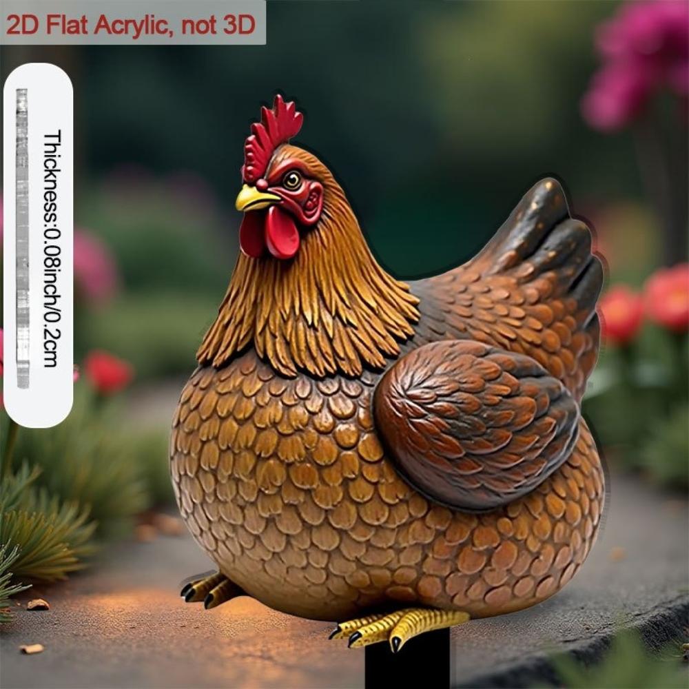 Scultura da Giardino Gallo Piatto 2D Marrone, Decorazione Pollo in Acrilico con Occhi ed Zampe Espressive, Ornamento Interno Esterno Per Fioriera Patio Balcone