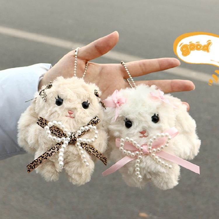 Kaninchen Schlüsselanhänger mit langen Ohren und Schleife Plüschtier Schlüsselanhänger Stilvoller Taschenanhänger für Studenten Geschenk für Mädchen und Teenager