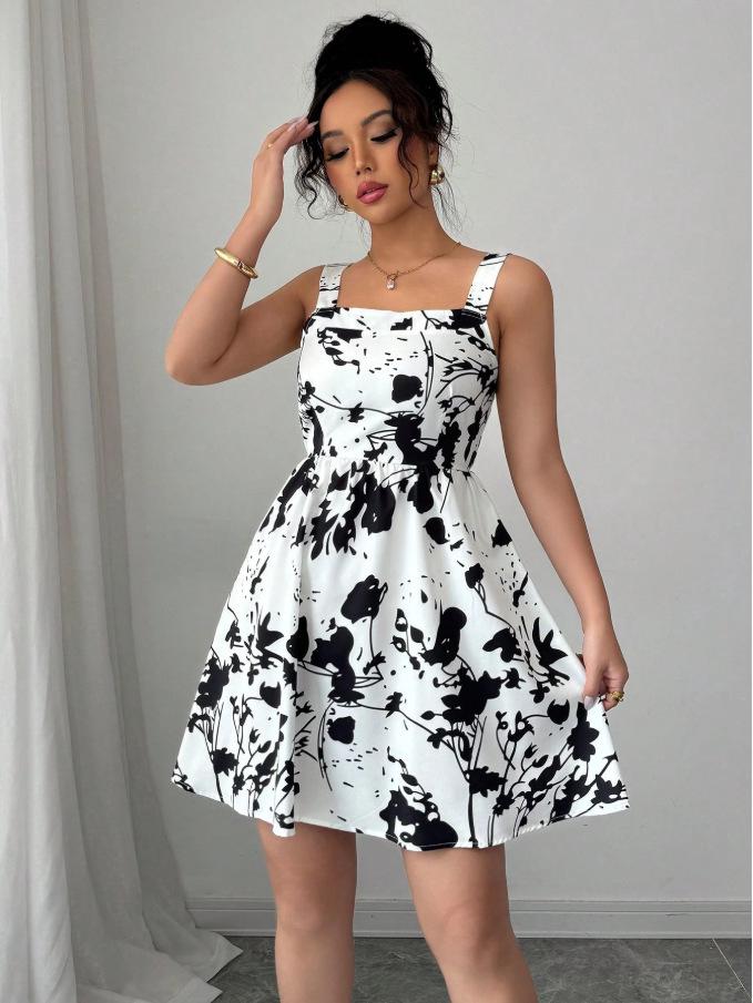 Elegant Bohemian Print A-Line Spaghetti Strap Dress - Backless, Waist-Cinched, Summer Vacation Style
