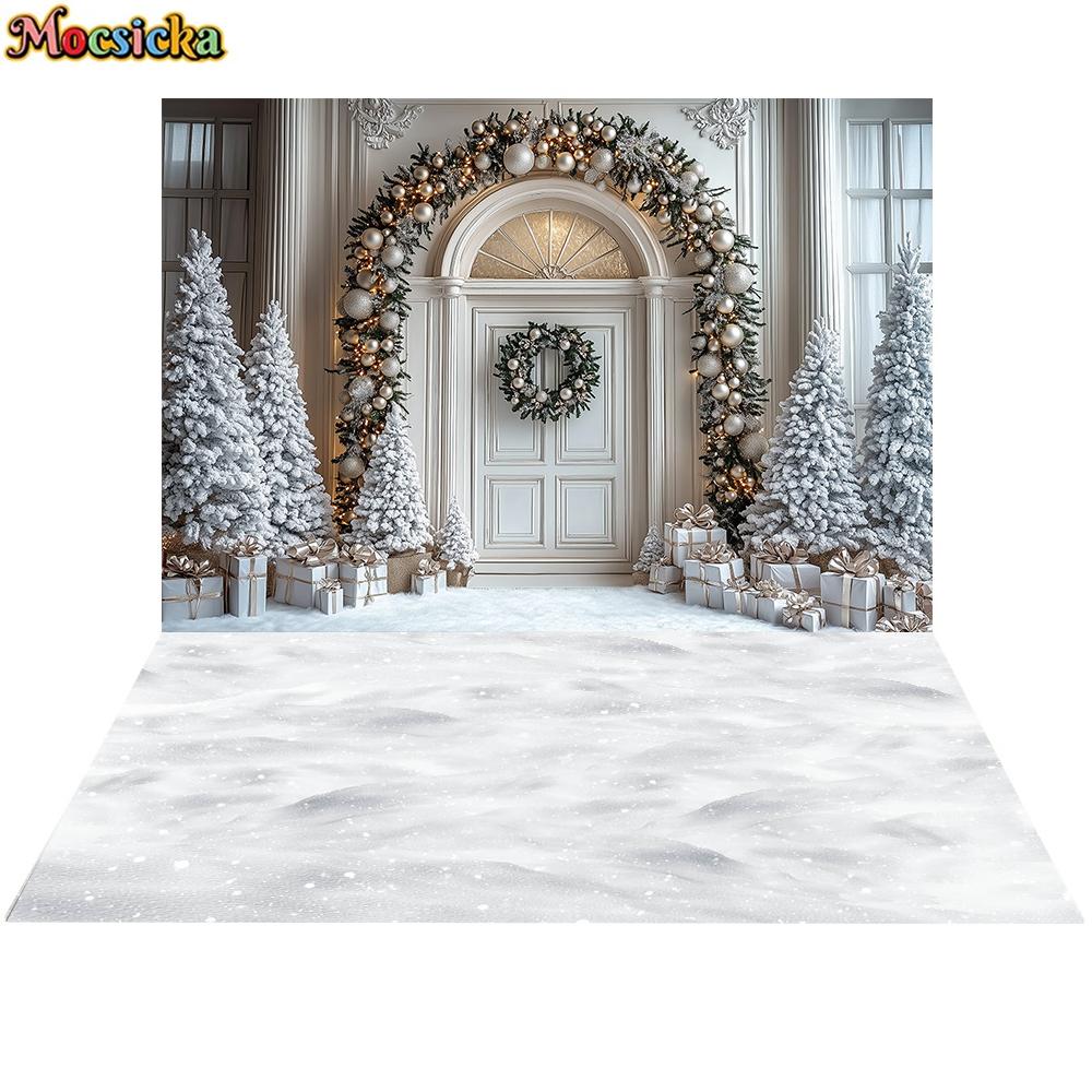 Mocsicka Christmas Photography Background Home New Year Snow Door Tree Decoration Winter Family Holiday Party Backdrop Wallpaper