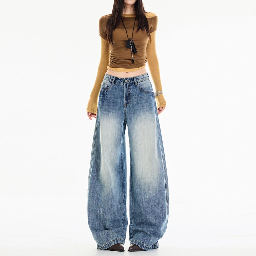 Cat claw texture design scimitar jeans women's autumn whitening washing process niche personality wide-leg pants