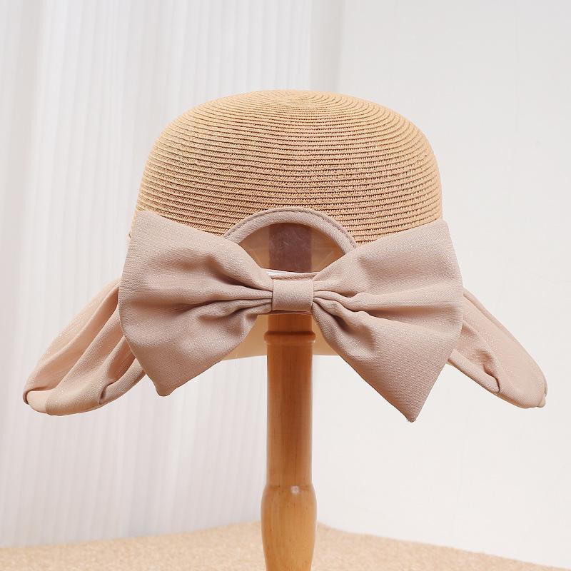 Spring and summer new French straw hat women's big-brimmed sun hat fabric splicing pleated sunscreen hat fine-woven papyrus